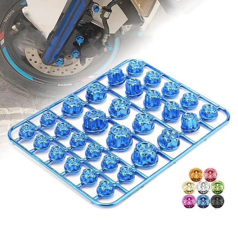 Set of 30 coloured ABS plastic motorcycle screw covers for engine modification.