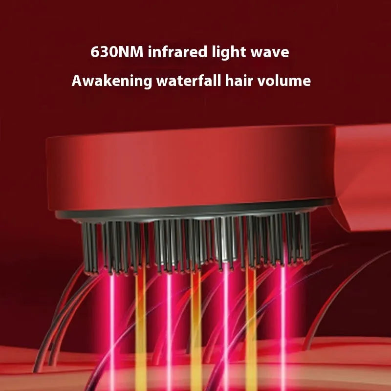 Black and red rechargeable scalp massage comb with red and blue lights, shown with a Type-C charging cable.