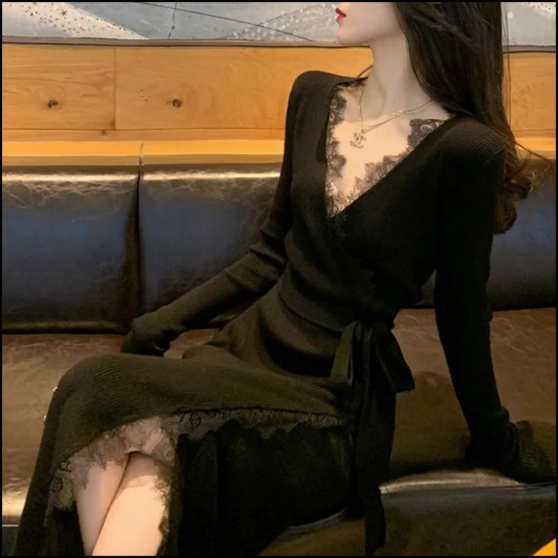 Black women's slim fit woolen skirt dress with princess silhouette on hanger