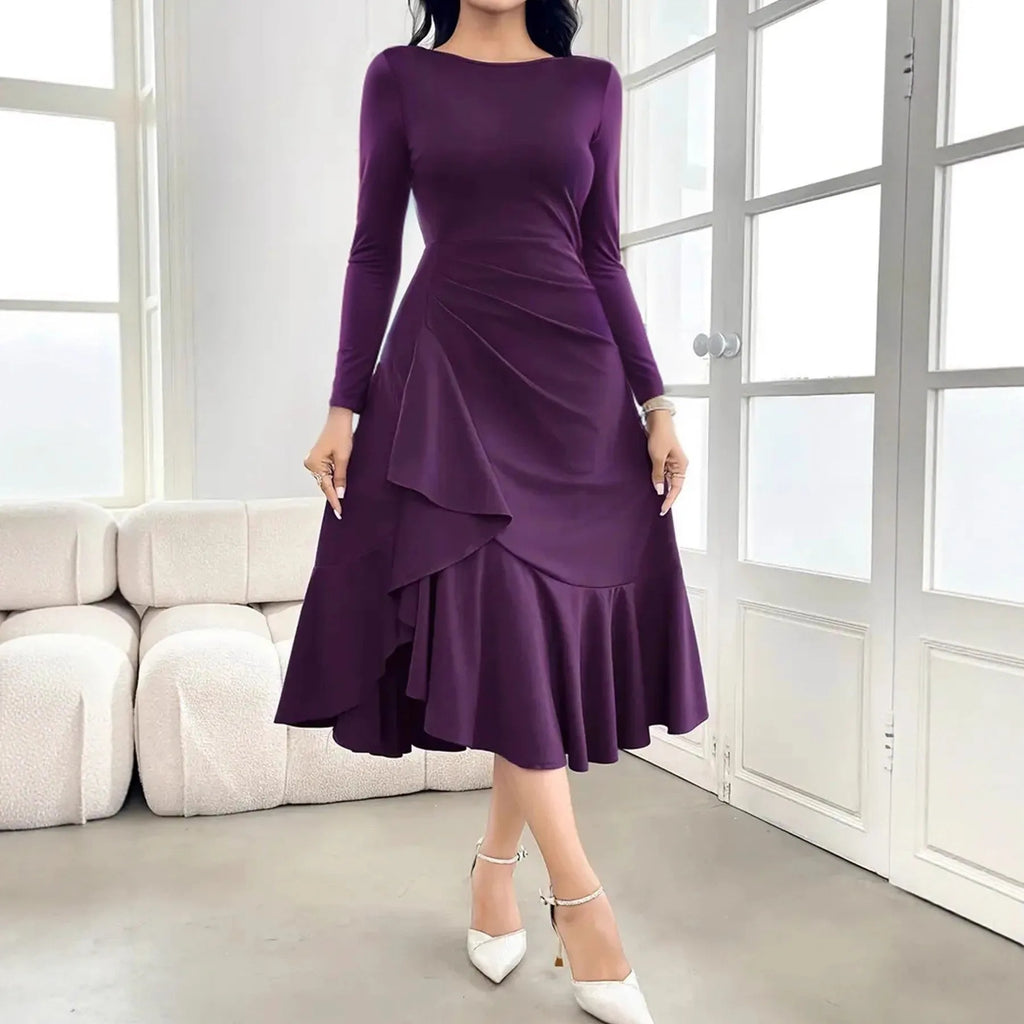 Purple women's long sleeve round neck dress with ruffle detail and mid waist