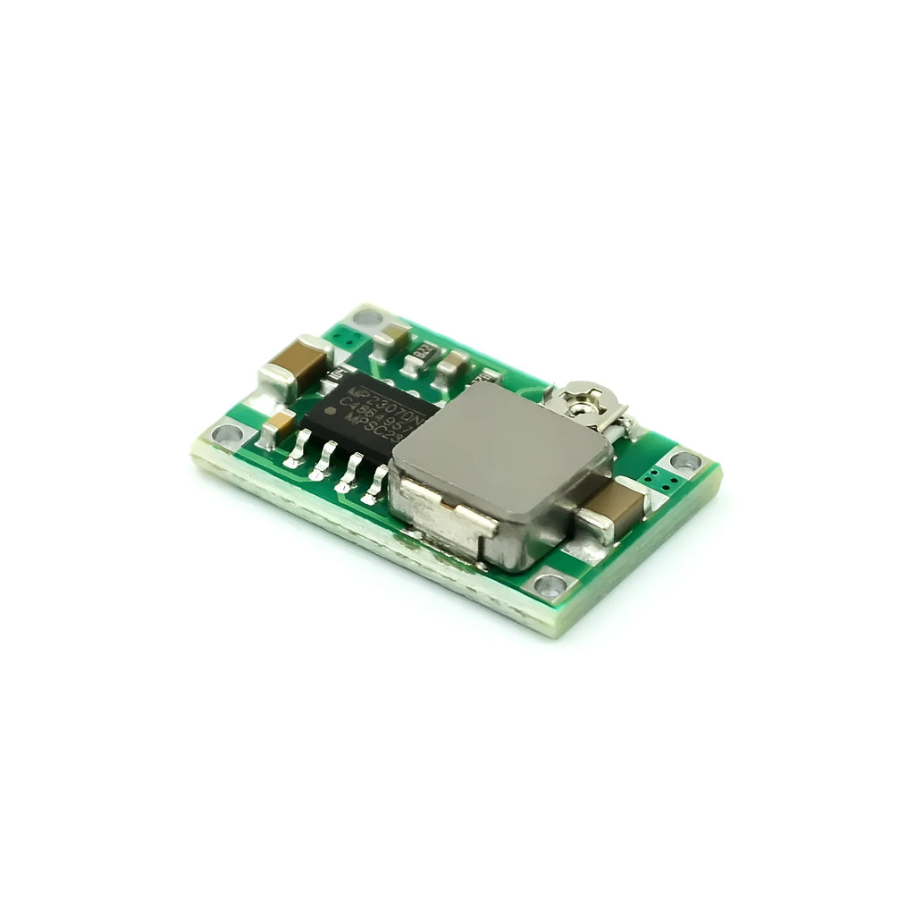 Mini-360 green DC-DC buck converter module measuring 17mm × 11mm with synchronous rectification