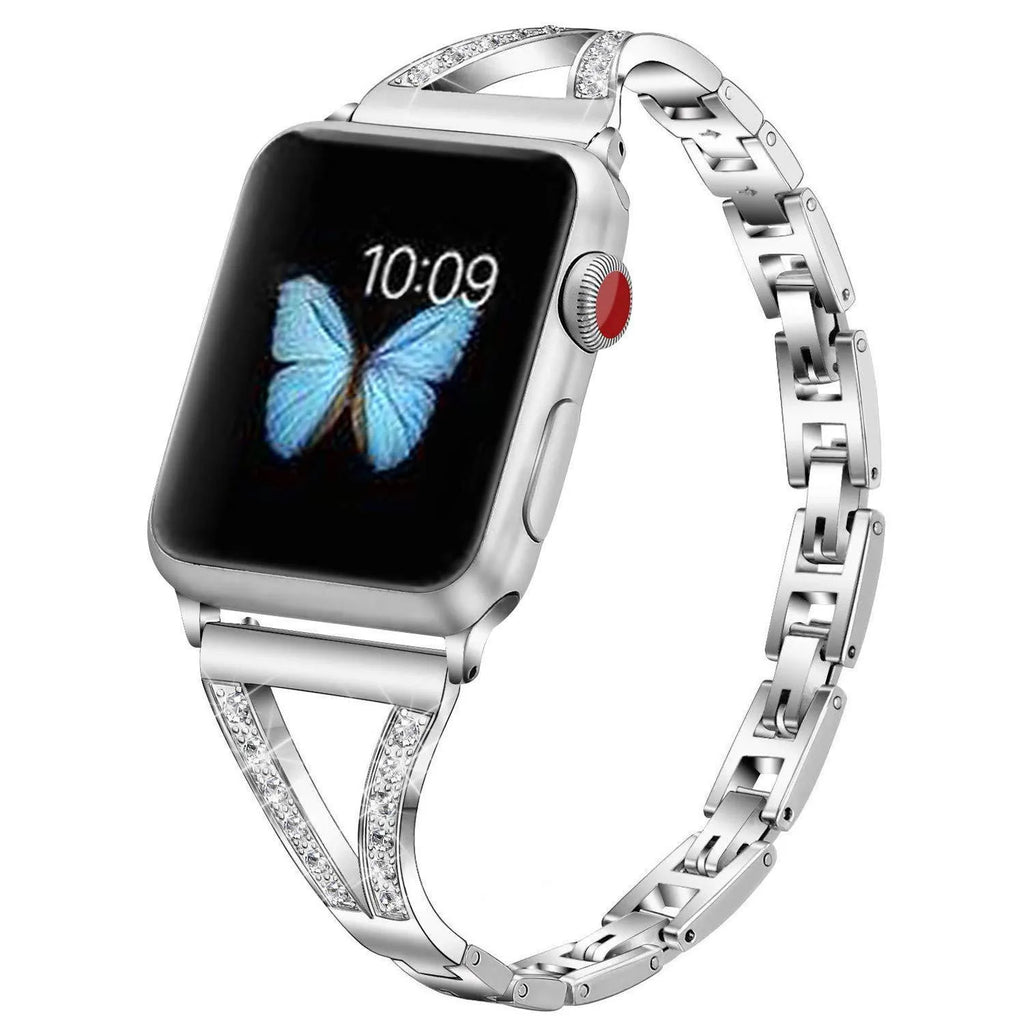 Apple Watch compatible strap with zinc alloy case and herringbone diamond pattern in silver colour
