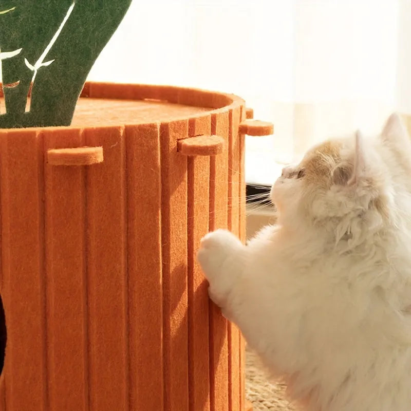 Brown carrot-shaped felt cat tunnel bed showing semi-enclosed design for feline sleeping