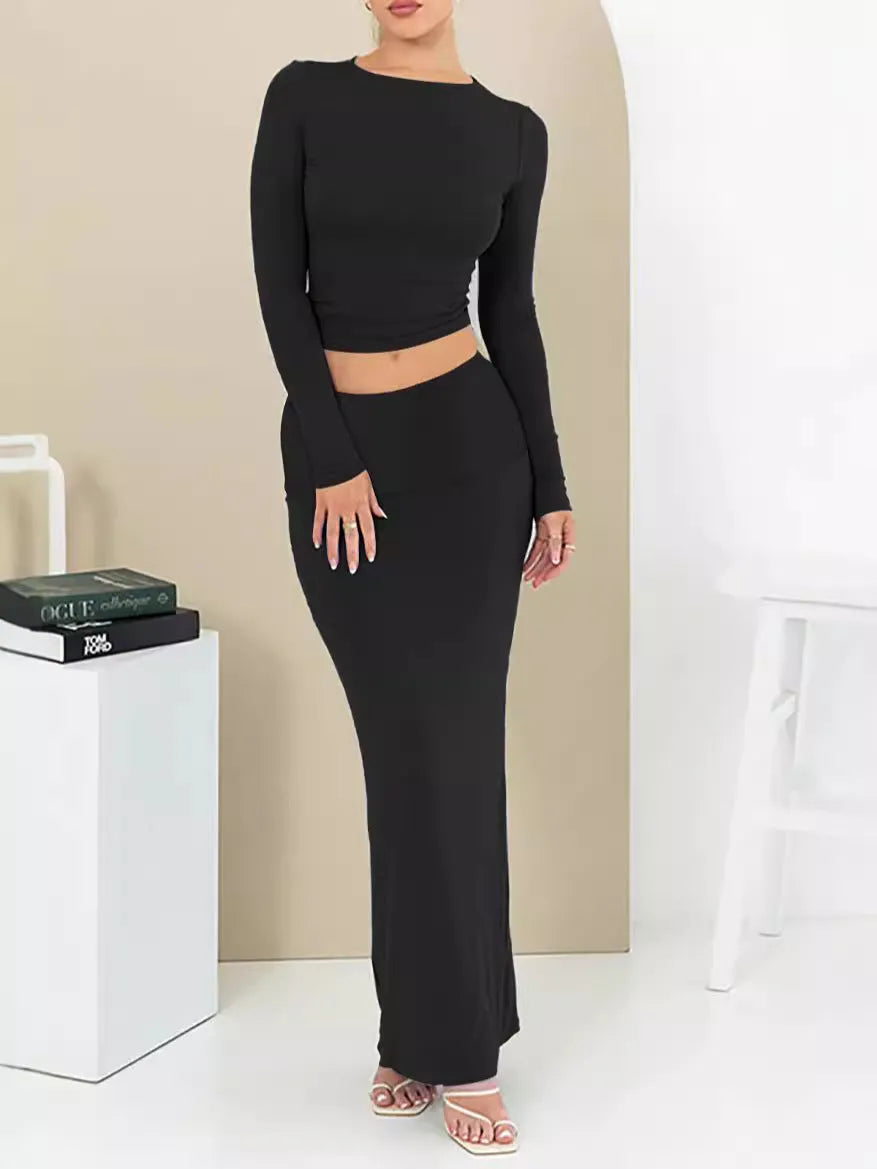 Women's autumn two-piece suit in polyester with slim fit and long skirt