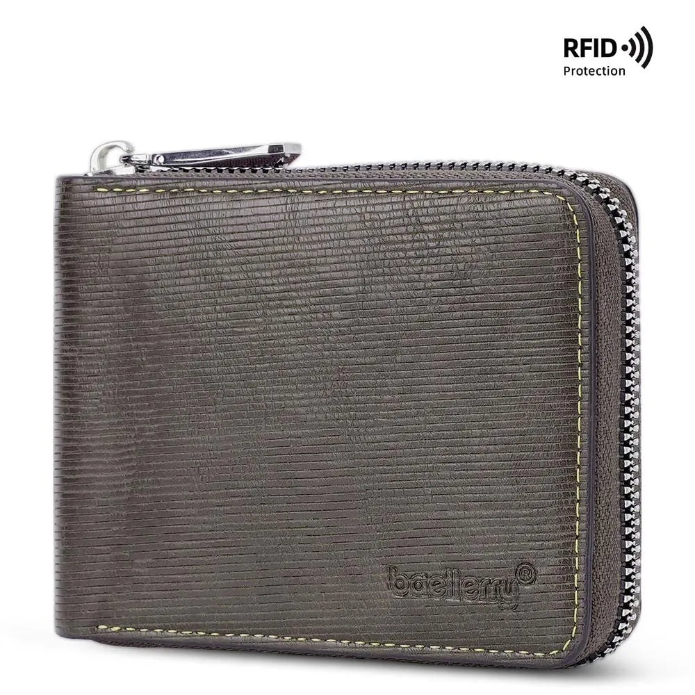 Black leather anti-theft credit card wallet with zipper closure and embossed pattern