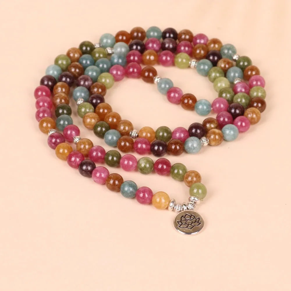 Lotus 108-bead hanging bracelet with multi-layer design in tourmaline colour and alloy construction