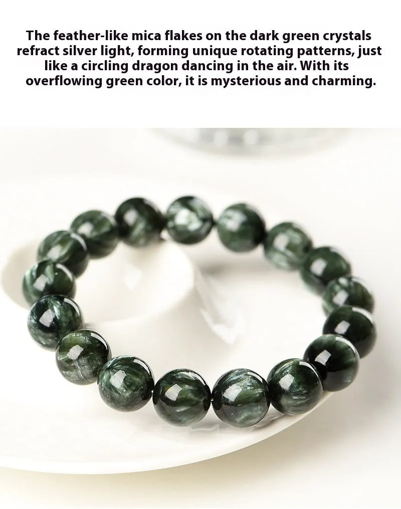 Green Dragon crystal bracelet with 8-9mm round beads showing Ruyi symbolism elements