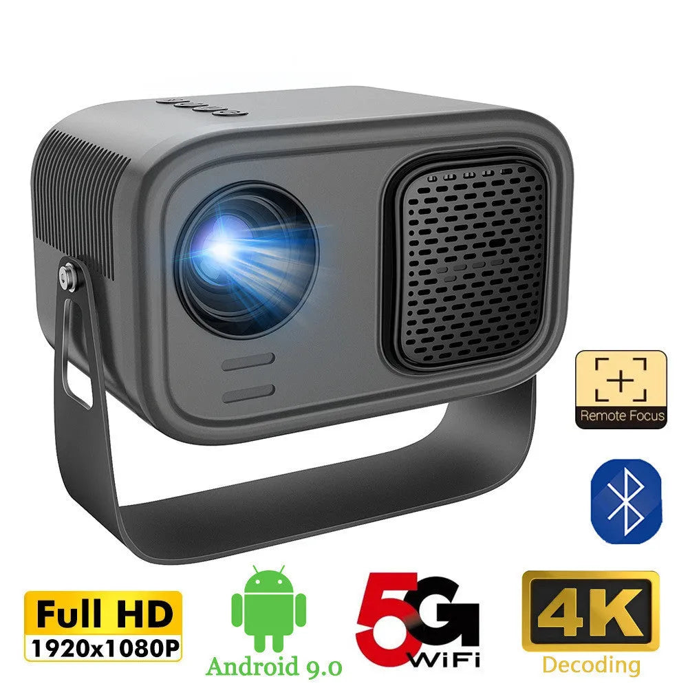 Black portable HD projector with remote control and multiple international power plugs
