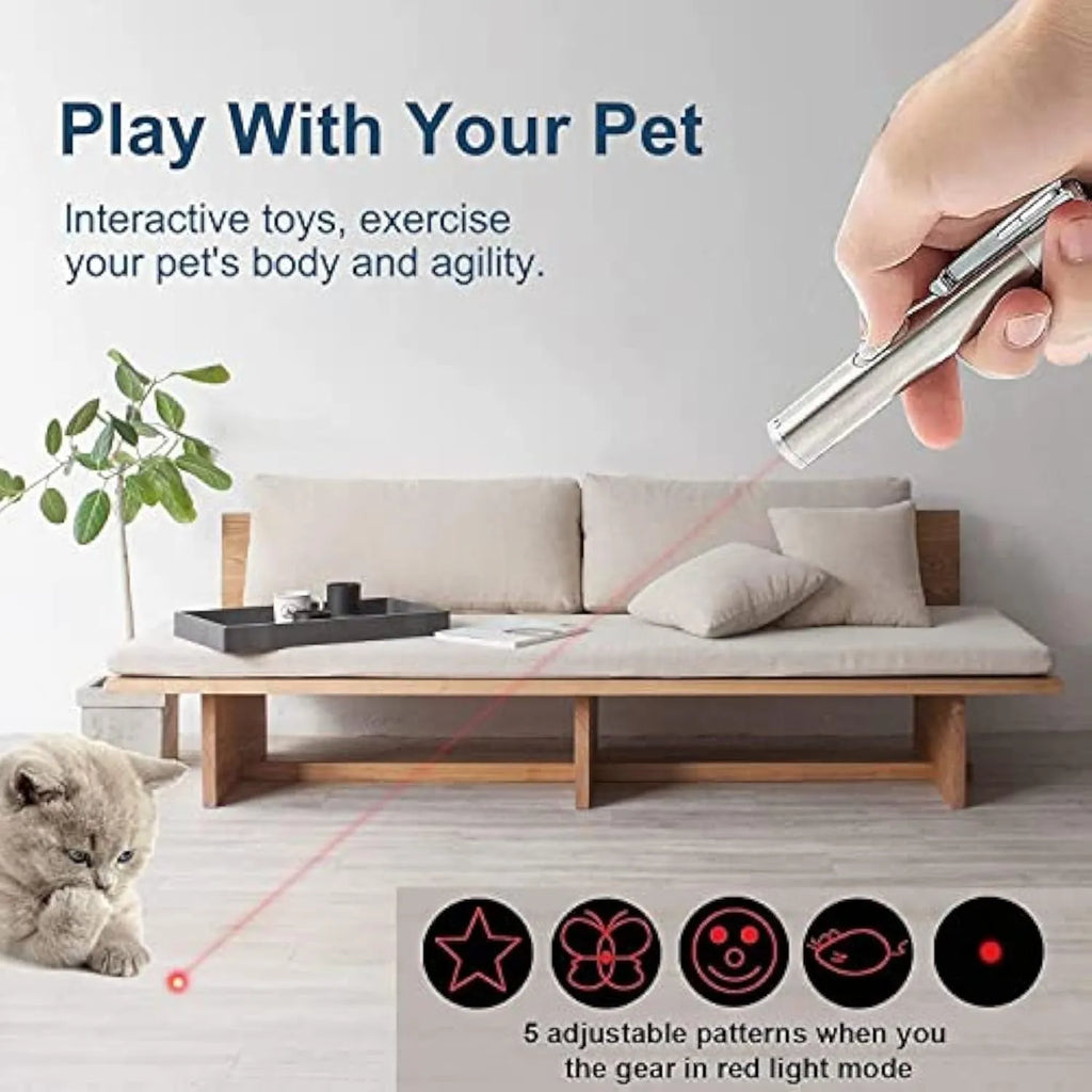 Silver aluminium cat laser toy pointer showing light patterns of a mouse and butterfly on a wall.