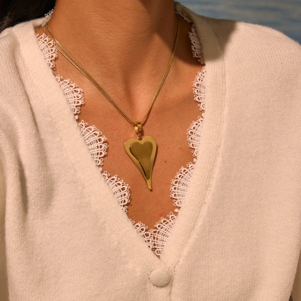 Women's stainless steel double heart snake bones geometric pendant necklace on regular chain