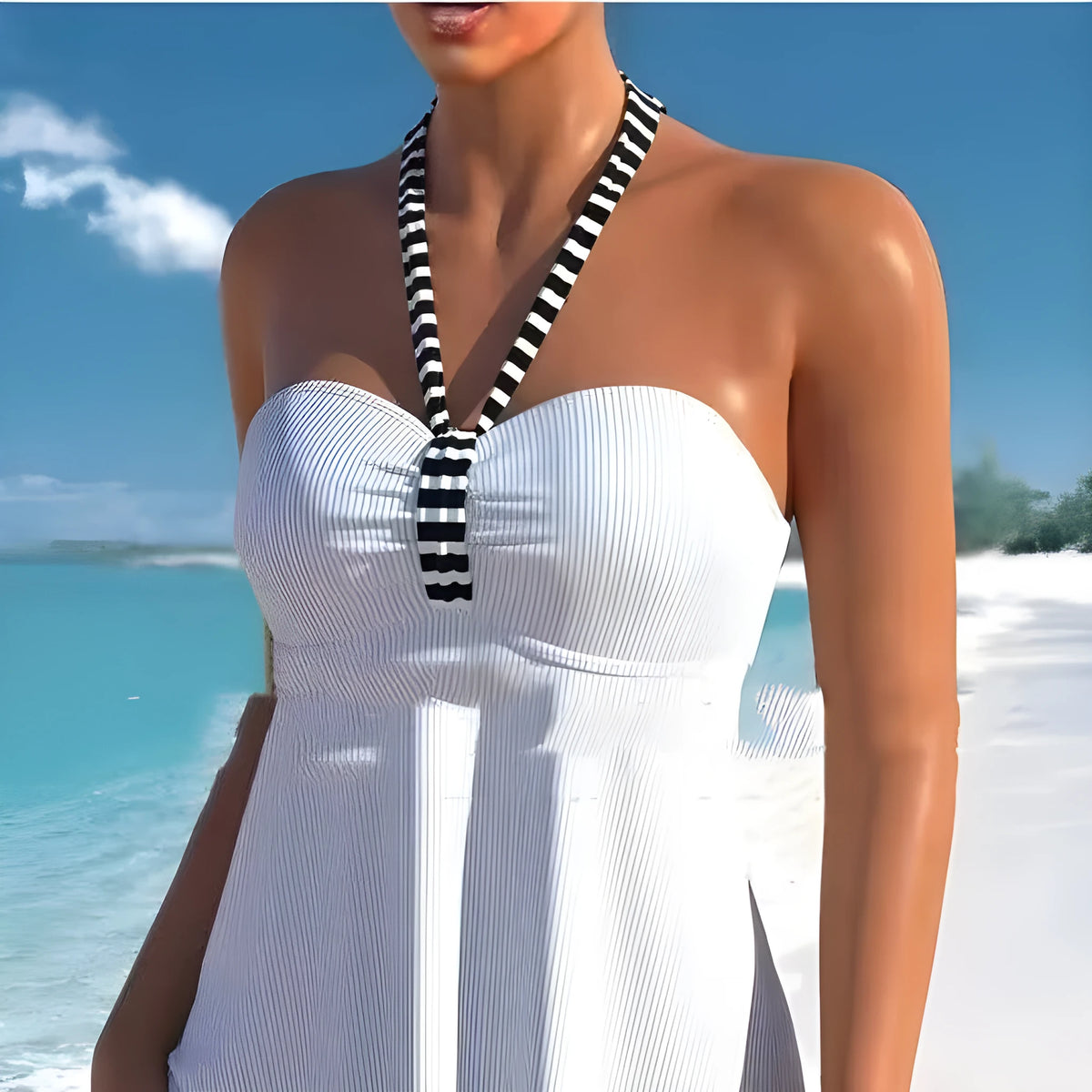 Women's off-shoulder striped swimsuit in solid colour with brief style design