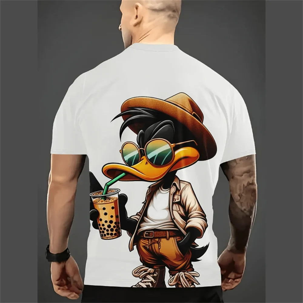 Man wearing a loose-fit short sleeve shirt with a colourful 3D cartoon print, made from thin milk silk fabric.