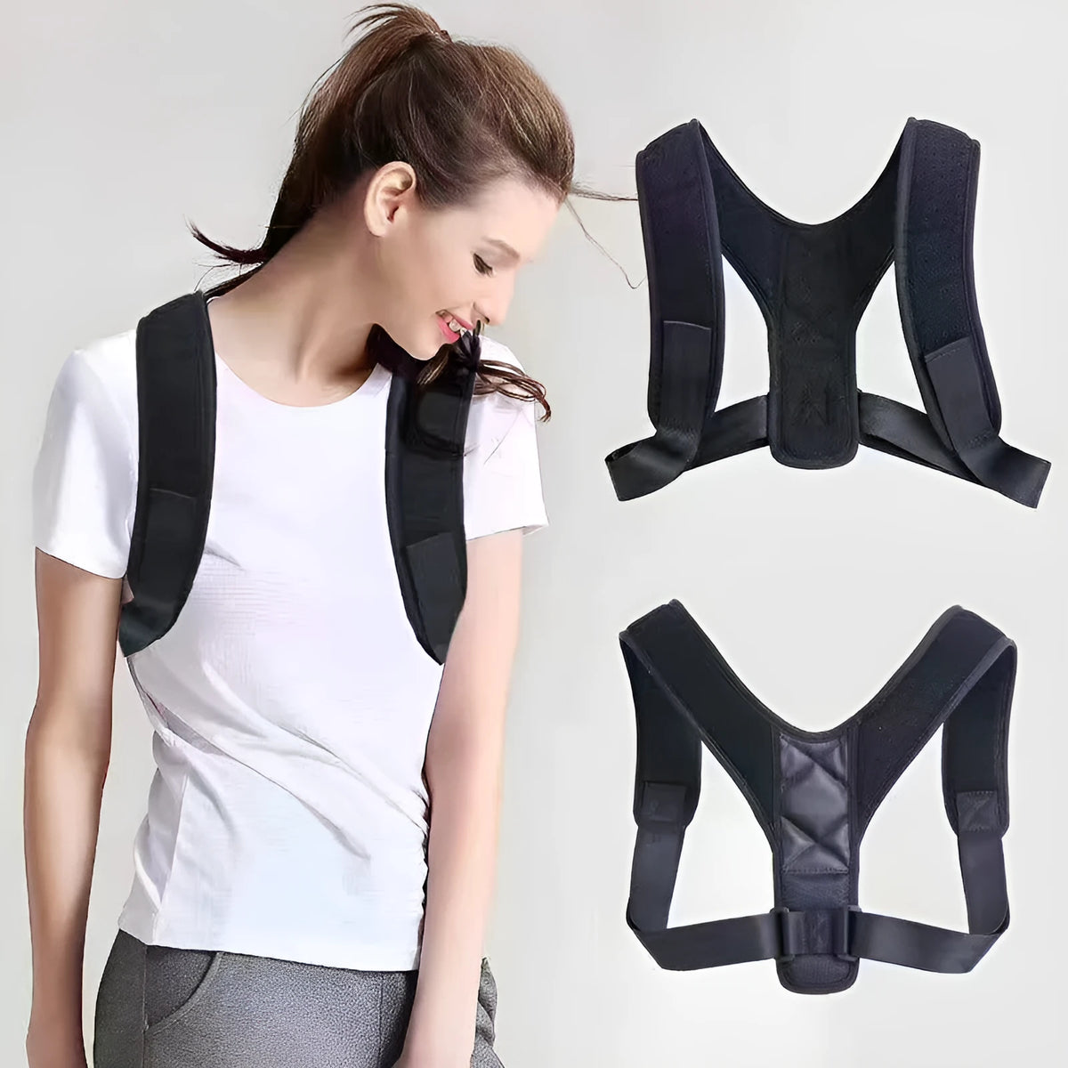 Adjustable posture correction back band with shoulder straps in nylon material