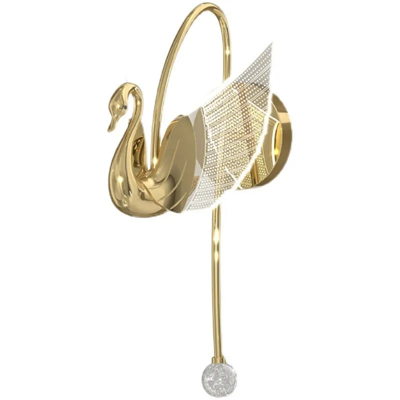 Gold-finish iron swan bedside wall lamp with acrylic shade and dimmable LED light.