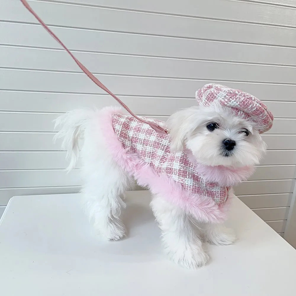 Pink cat winter cloak and beret set with hand-holding rope leash attachment shown in multiple sizes