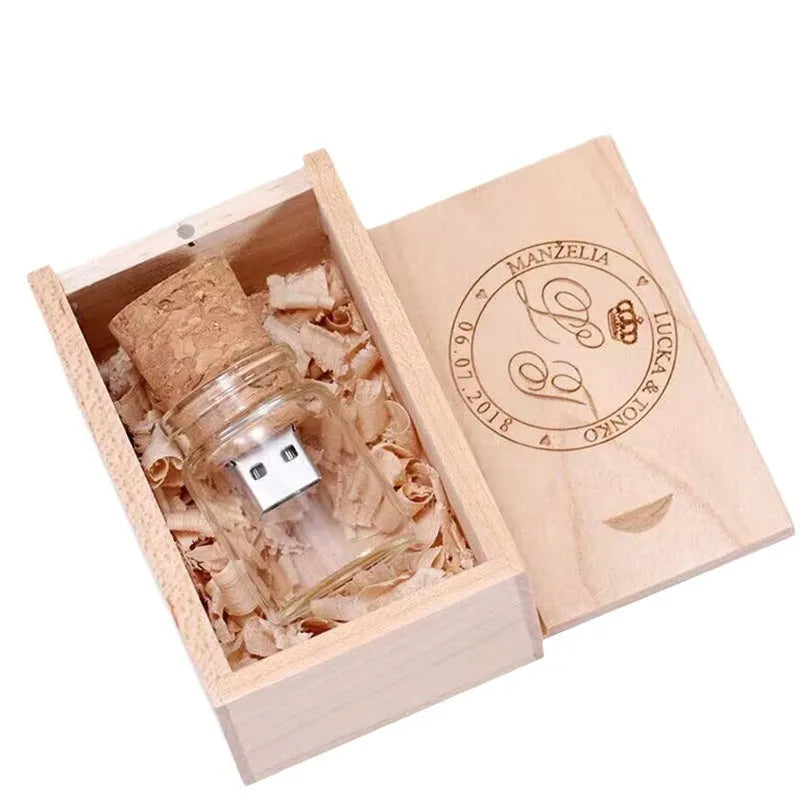 Wooden and transparent resin wish drift bottle design USB flash drive on white background.