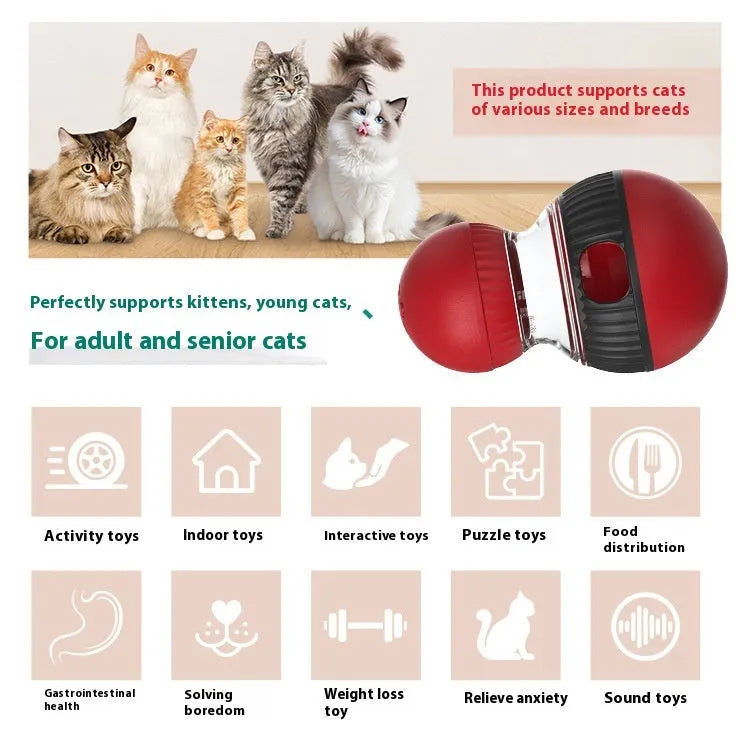Rotating plastic cat toy with food dispenser, super ball, and sound feature.