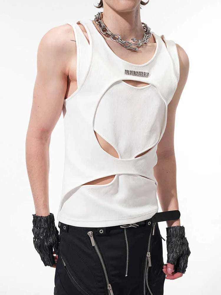 Man wearing a black sleeveless waistcoat with hollow white thread detail and a round neck.