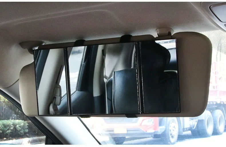 Silver car folding makeup mirror shown closed and open, with ABS plastic frame.