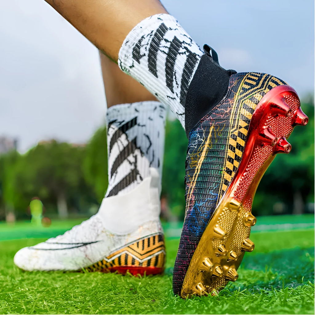 High-top football training shoes with gold-plated PVC soles in black, white and mandarin duck colours