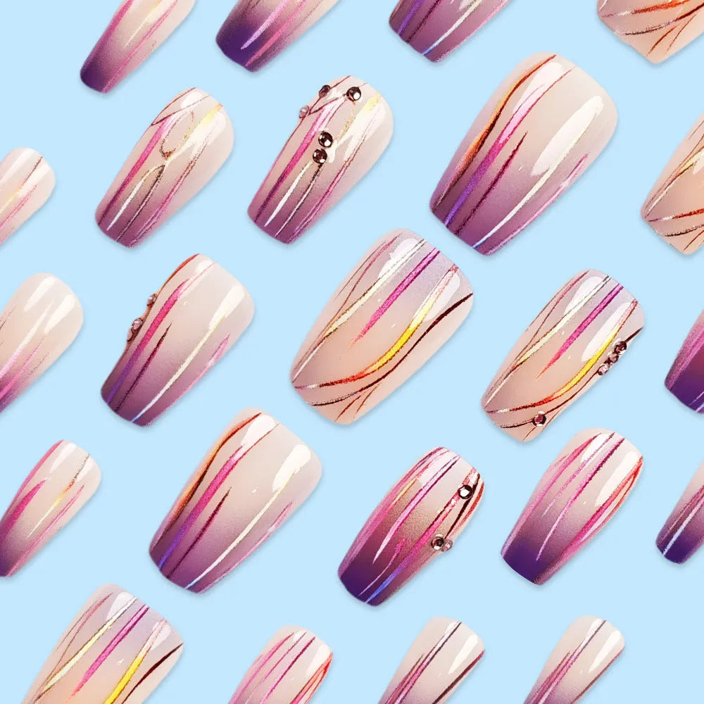 Magic purple line gradient nail stickers with starry sky pattern and jelly glue for short ballet nails