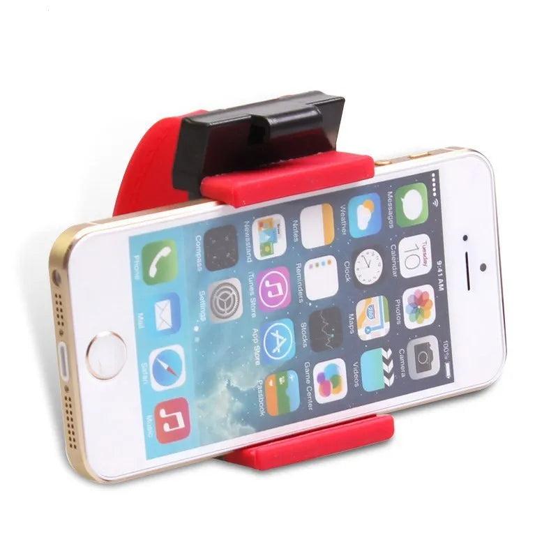 Black steering wheel phone mount with elastic clip and silicone padding for smartphones