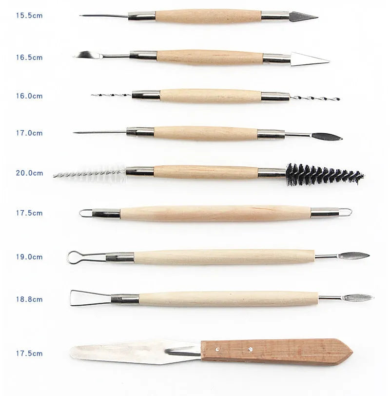 Brown 27-piece pottery tool set with stainless steel, wood, and plastic tools and a rolling tool, packed in an OPP bag.