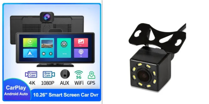 12-inch touchscreen car dash cam unit with front and rear camera recording on vehicle windscreen