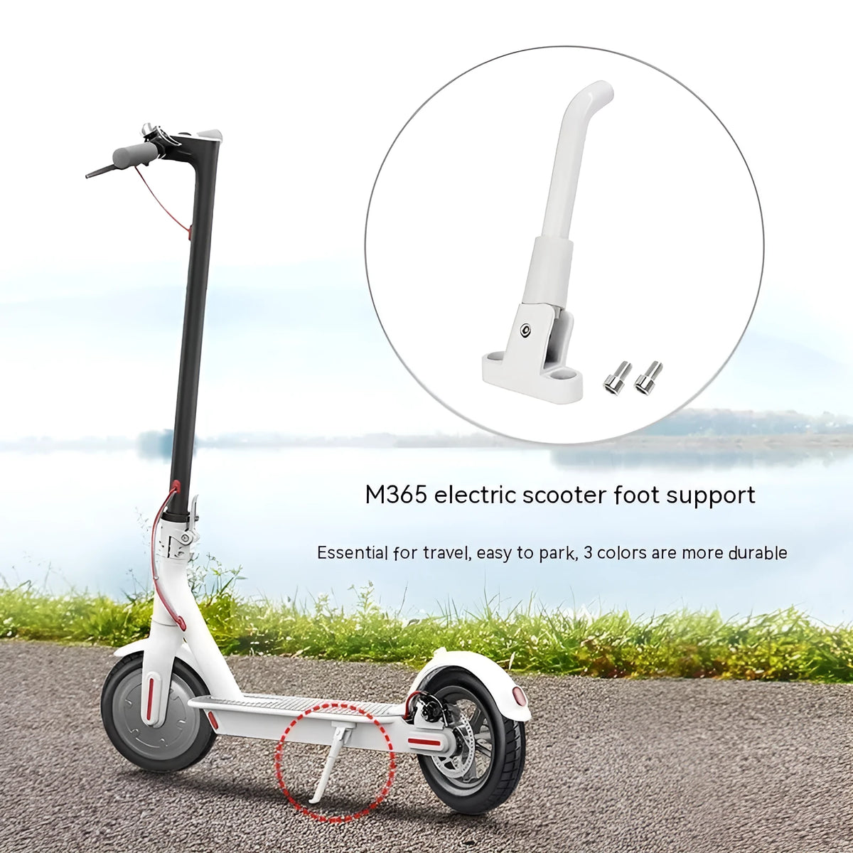 Aluminium alloy electric scooter foot brace in black, white and grey colours with mounting screws