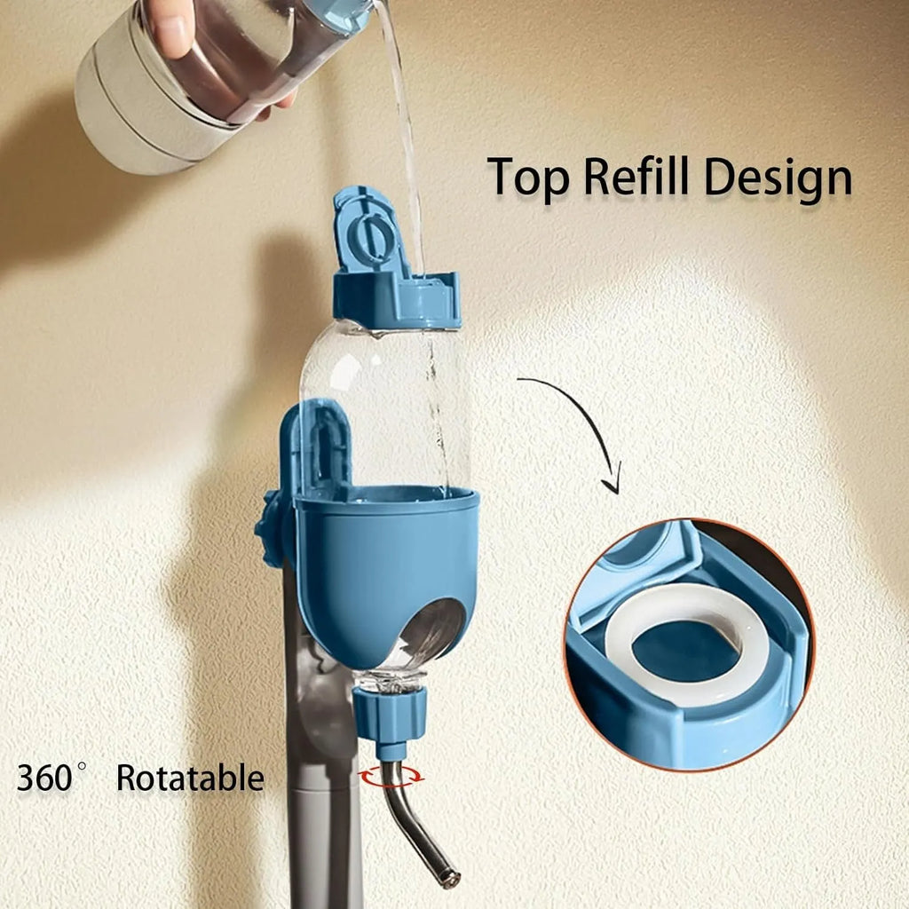 Blue small animal water bottle with rotatable nozzle attached to a wire cage bracket