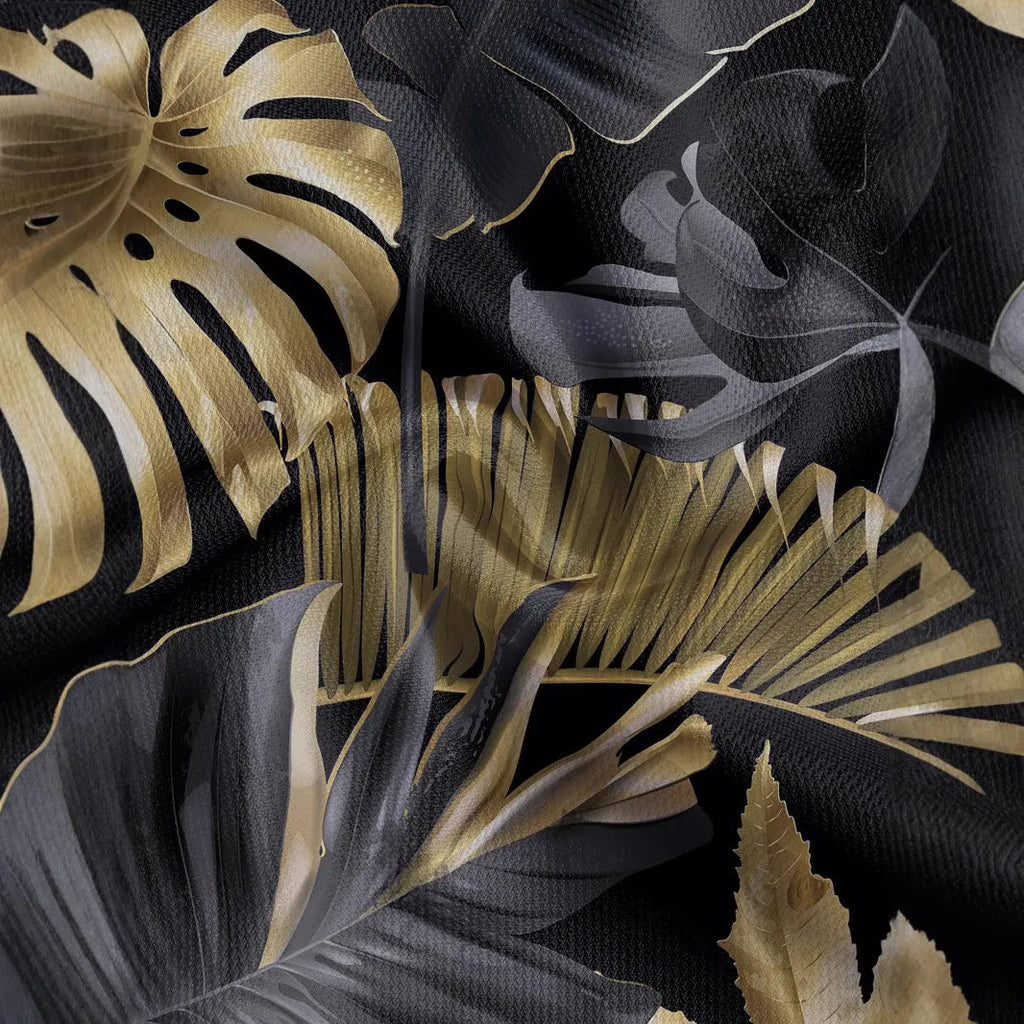 Men's gold short sleeve shirt with a tropical leaf pattern print.