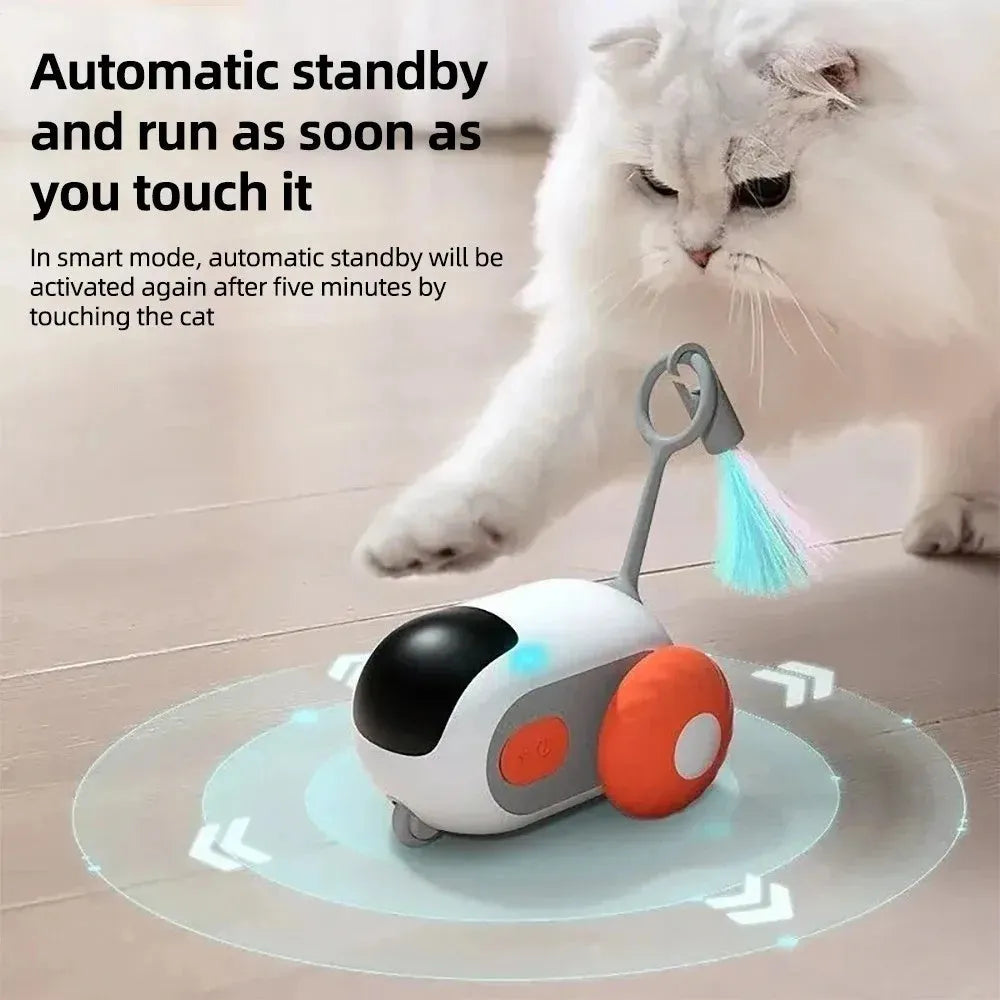 Smart cat toy car with remote control in blue colour showing feather teaser attachment
