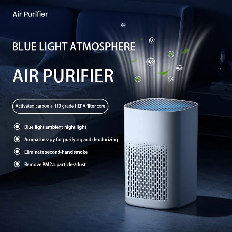 Simple style desktop air purifier and heater unit with USB cable on a wooden desk