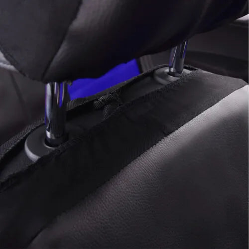 Artificial leather car seat cover set shown in a choice of colours including black, grey and beige.