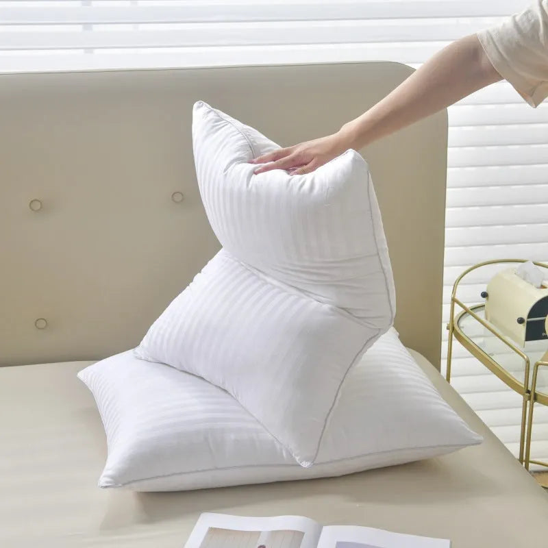 White cotton satin stripe pillow core with 2cm stripe pattern and feather filling available in multiple sizes