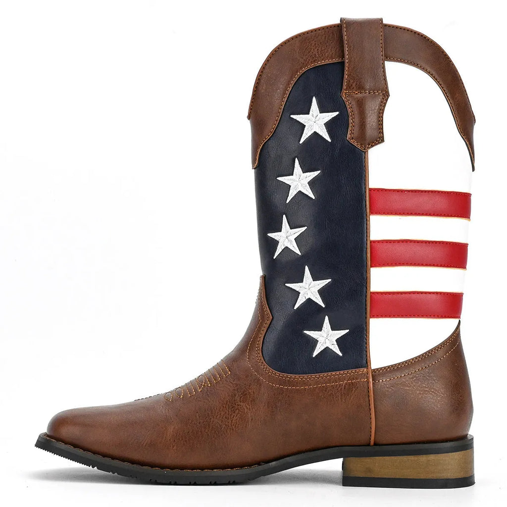 Men's black artificial leather cowboy boots with floral detail, square low heel, and mid-calf shaft.