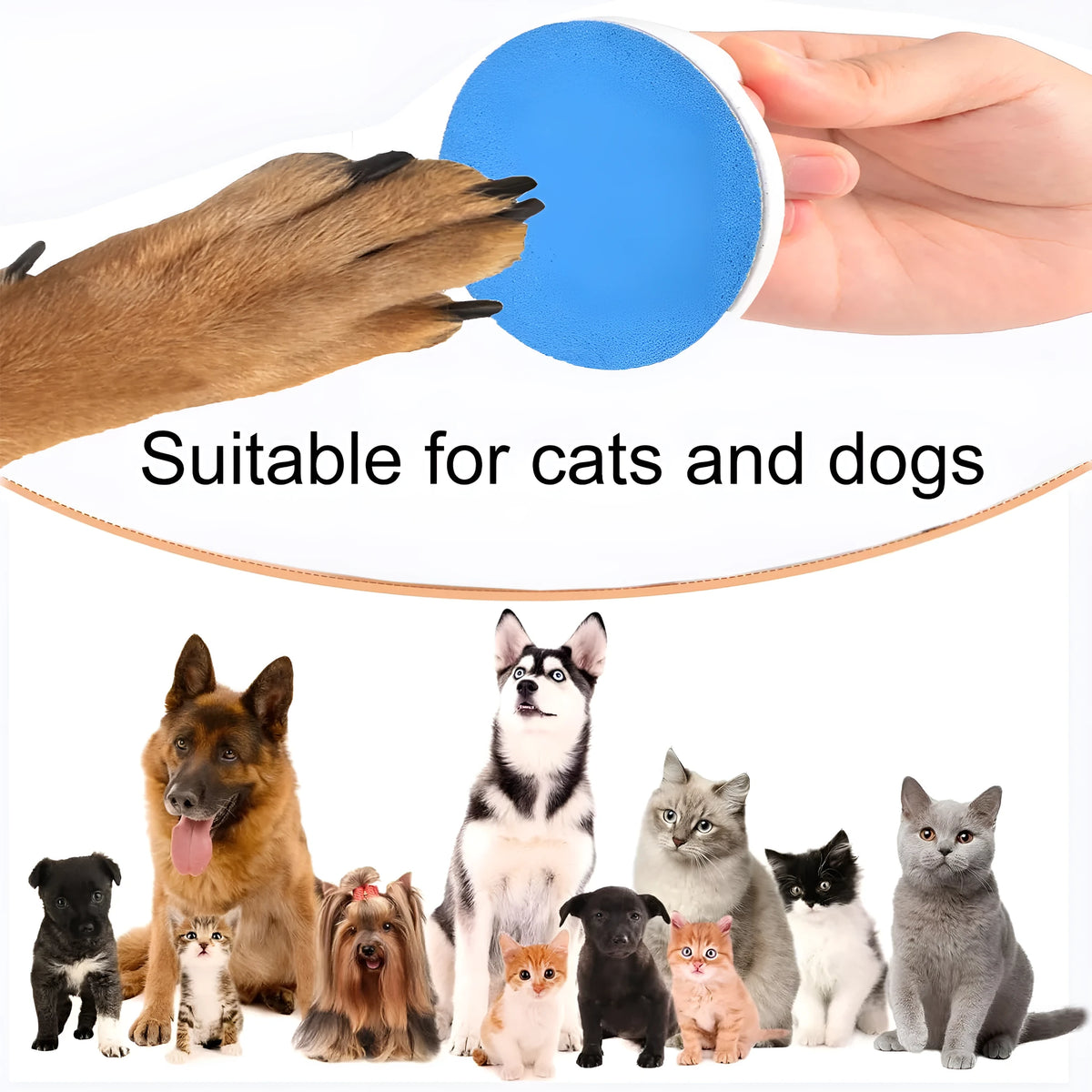 Upgraded dog nail scratch board with ergonomic handle in one of four colours, shown next to replaceable sandpaper sheet.