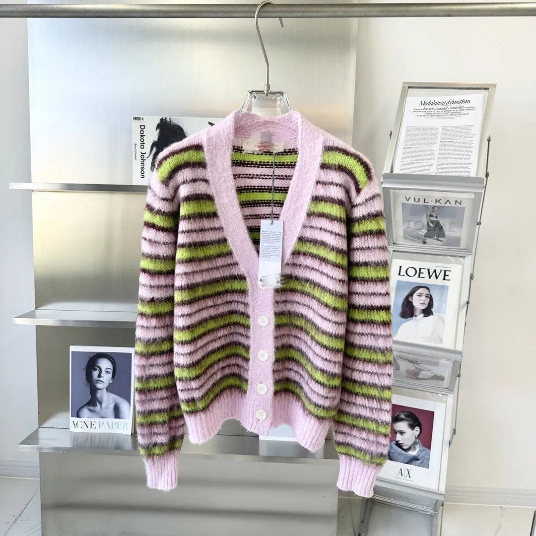 Pink Haima wool knitted cardigan sweater on a hanger, showing round-neck and open cardigan styles.