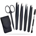 Professional 6 piece stainless steel eyebrow tweezers set with curved scissors and leather case