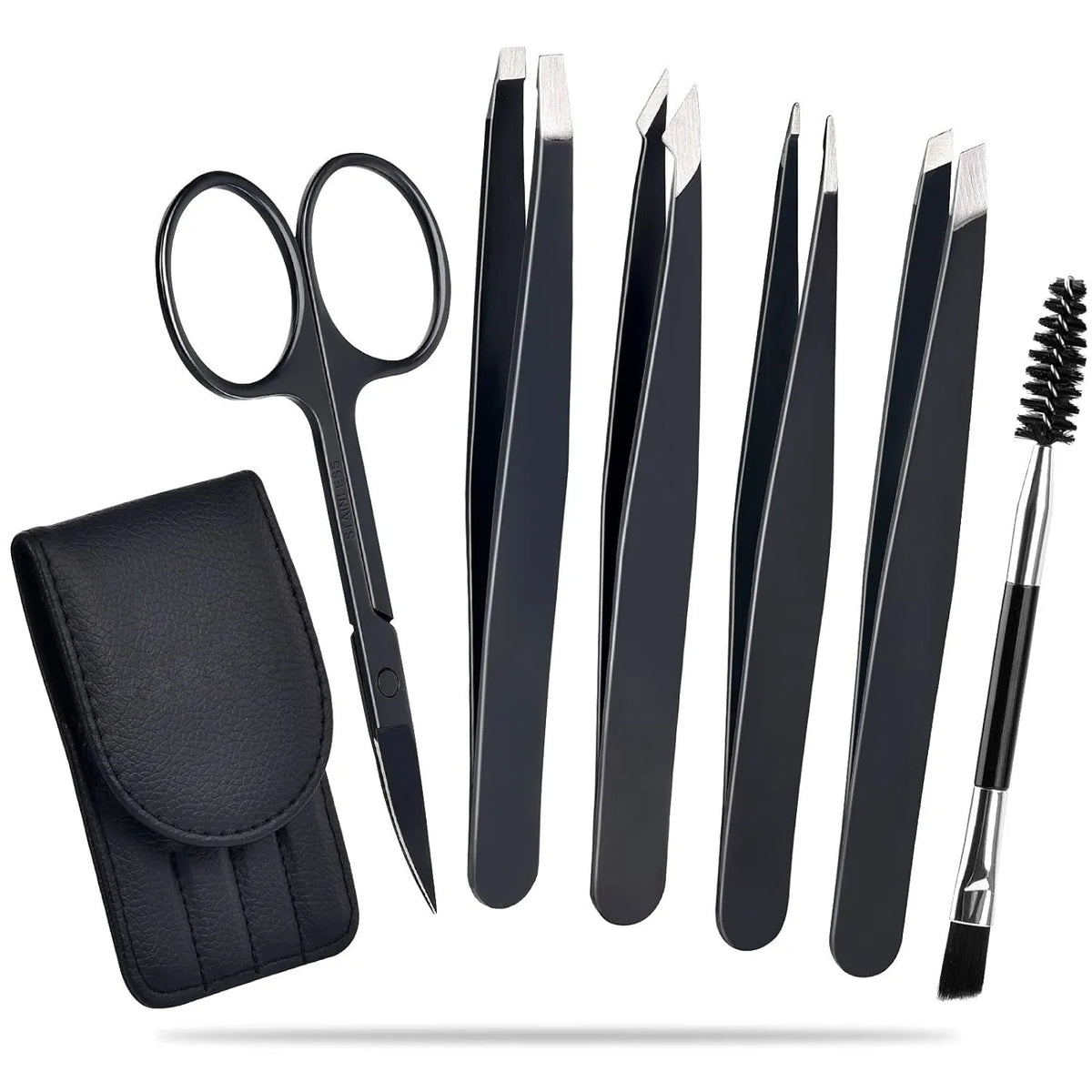Professional 6 piece stainless steel eyebrow tweezers set with curved scissors and leather case