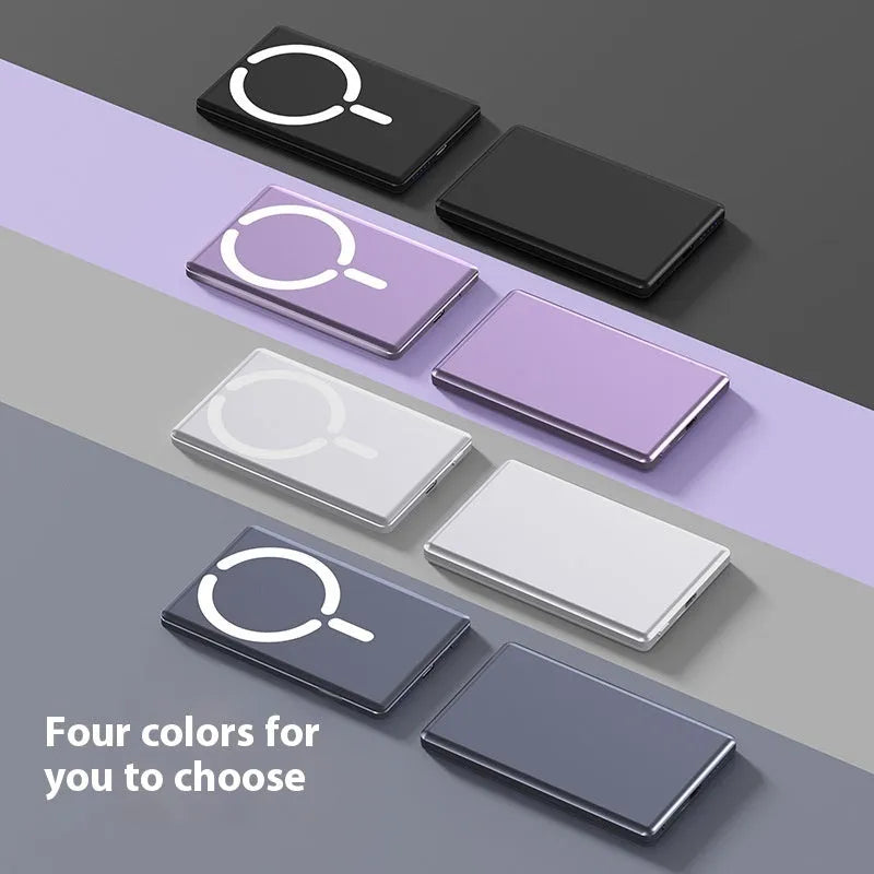 Ultra-thin magnetic power bank measuring 105x66x9mm with alloy shell