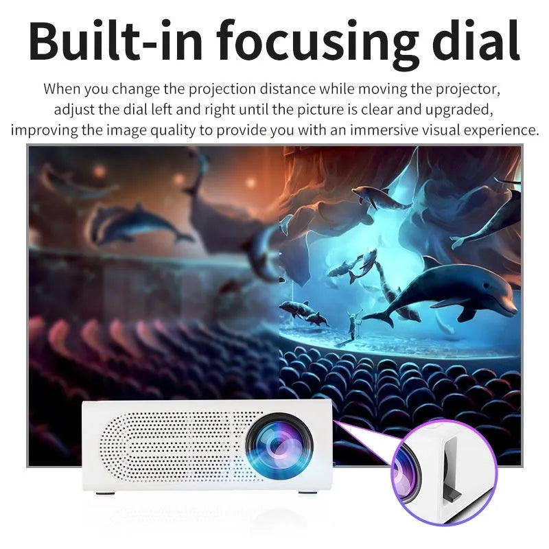 Portable mini projector in black colour showing compact design with connection ports