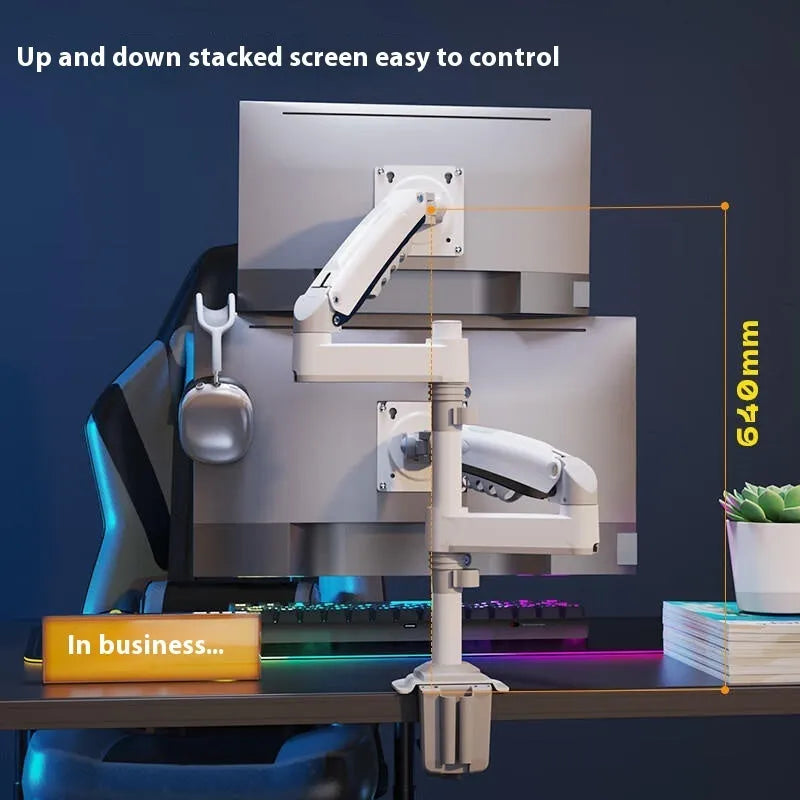 Dual monitor desk mount bracket in aluminium alloy with mechanical height adjustment