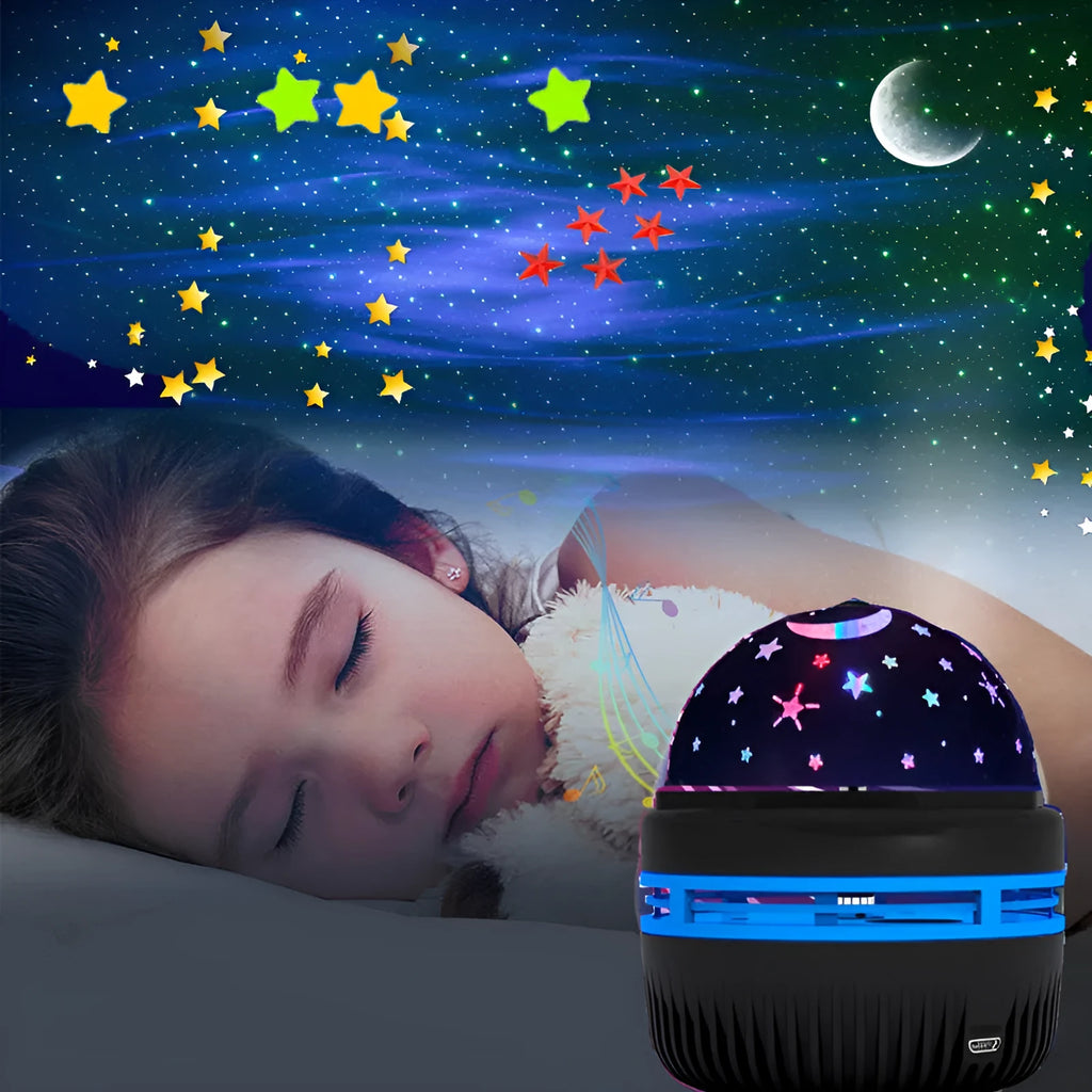 Mini crystal magic ball atmosphere projector showing starry sky and aurora light projection on a dark background.