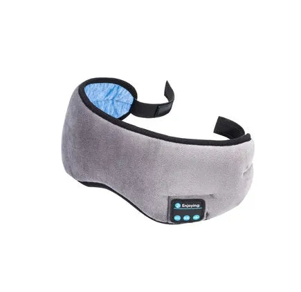 Black Bluetooth music sleep eye mask showing soft wrap design and integrated earphones for wireless listening.