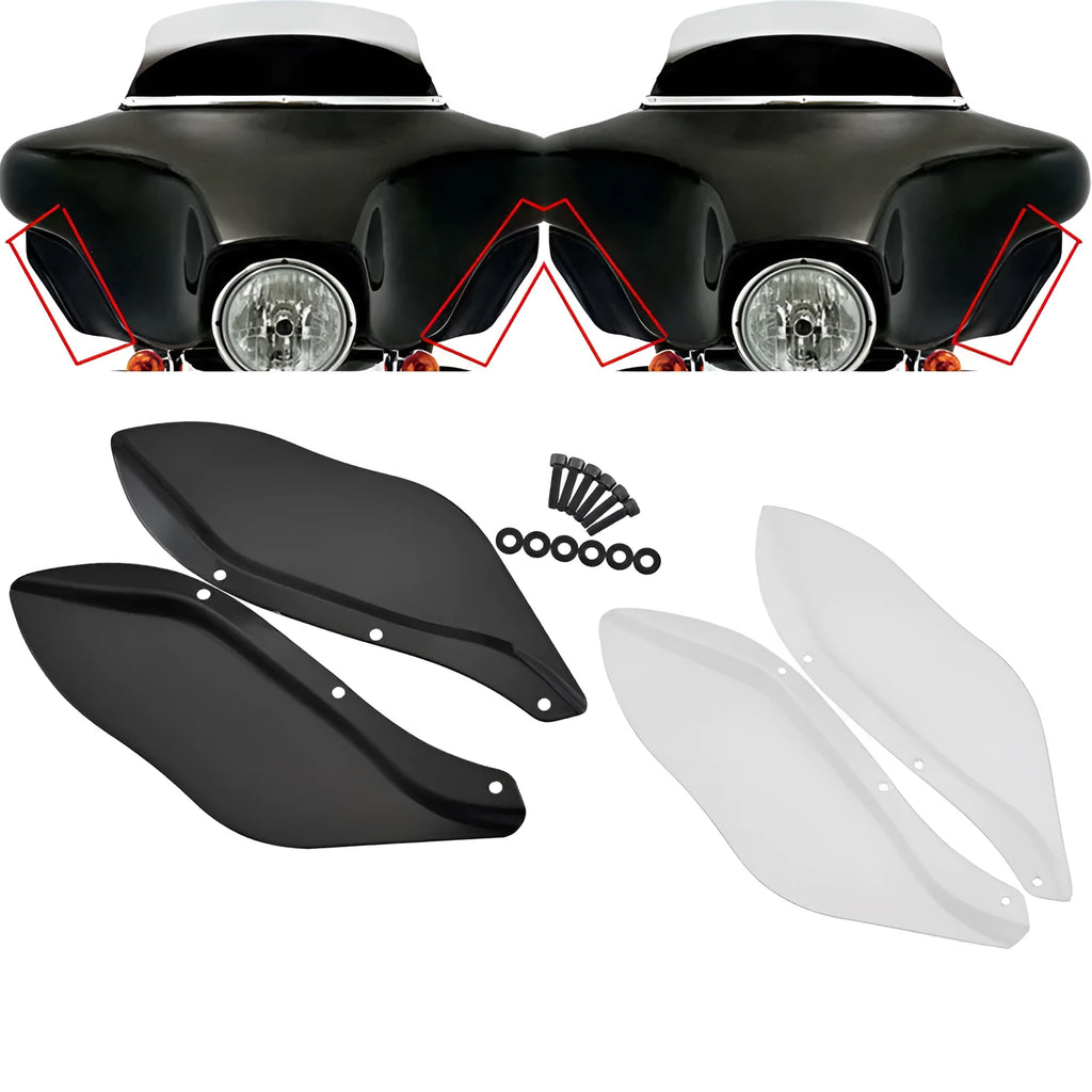Pair of left and right black ABS plastic side wing head covers for Harley Davidson motorcycle.