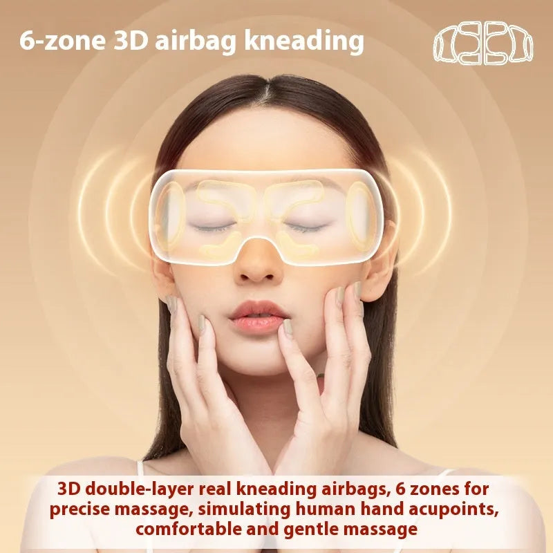 White rechargeable eye massager with ABS plastic shell for hot compress and airbag massage functions.