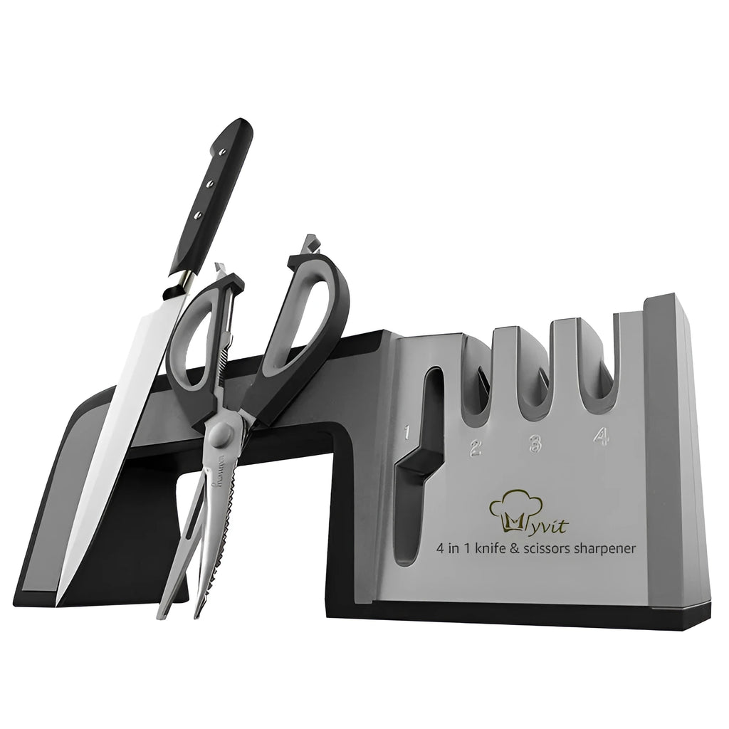 4-in-1 kitchen knife sharpener with TPR and ABS handle, 238 x 50 x 67mm, black or cyan colour options