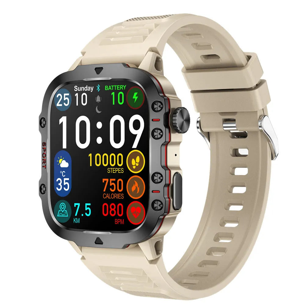 QX11 black and khaki smartwatch with zinc alloy case showing TFT touch screen.