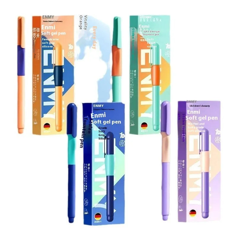 Posture correction pen with triangular grip design in blue, green, purple, and orange colour options